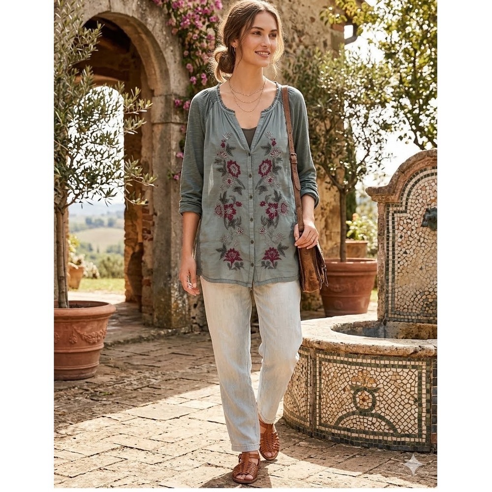 Sonoma Goods For Life Floral Embroidered Blouse Sage Green XL Boho Raglan Top